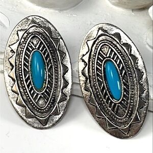 Vintage JJ 1988 Faux Turquoises Silver Tone  Bohemian Post Earrings